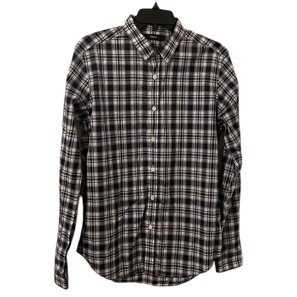 THEORY | Men’s Navy/White Zack Trim Fit Plaid Button Down Shirt Size‎ M